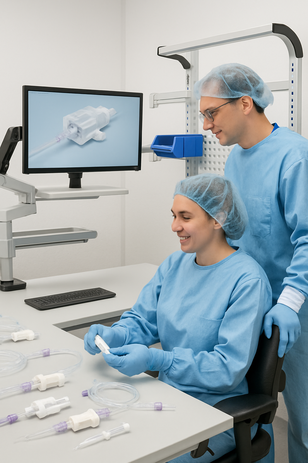 Operator interaction showing improved ergonomics for a medical workstation for assembling medical devices together with real people Operator interaction showing improved ergonomics for a medical workstation for assembling medical devices together with real people