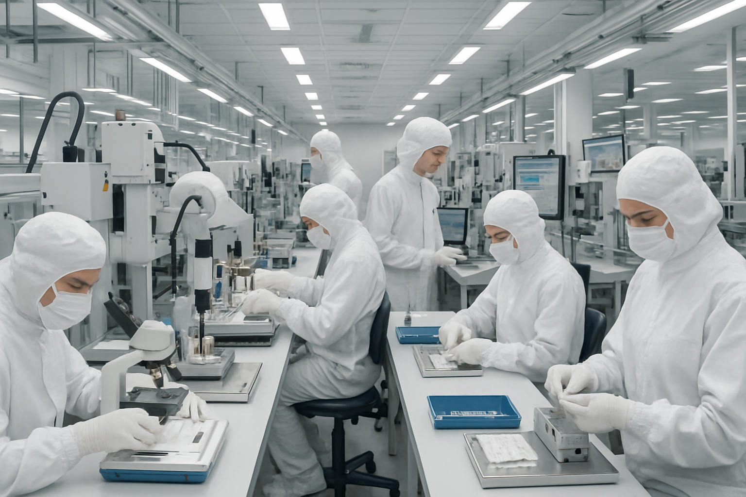 Bustling medical manufacturing floor with a ton of humans and machines.