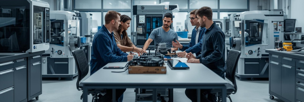 Engineers working on a project surrounded by 3D printing machines